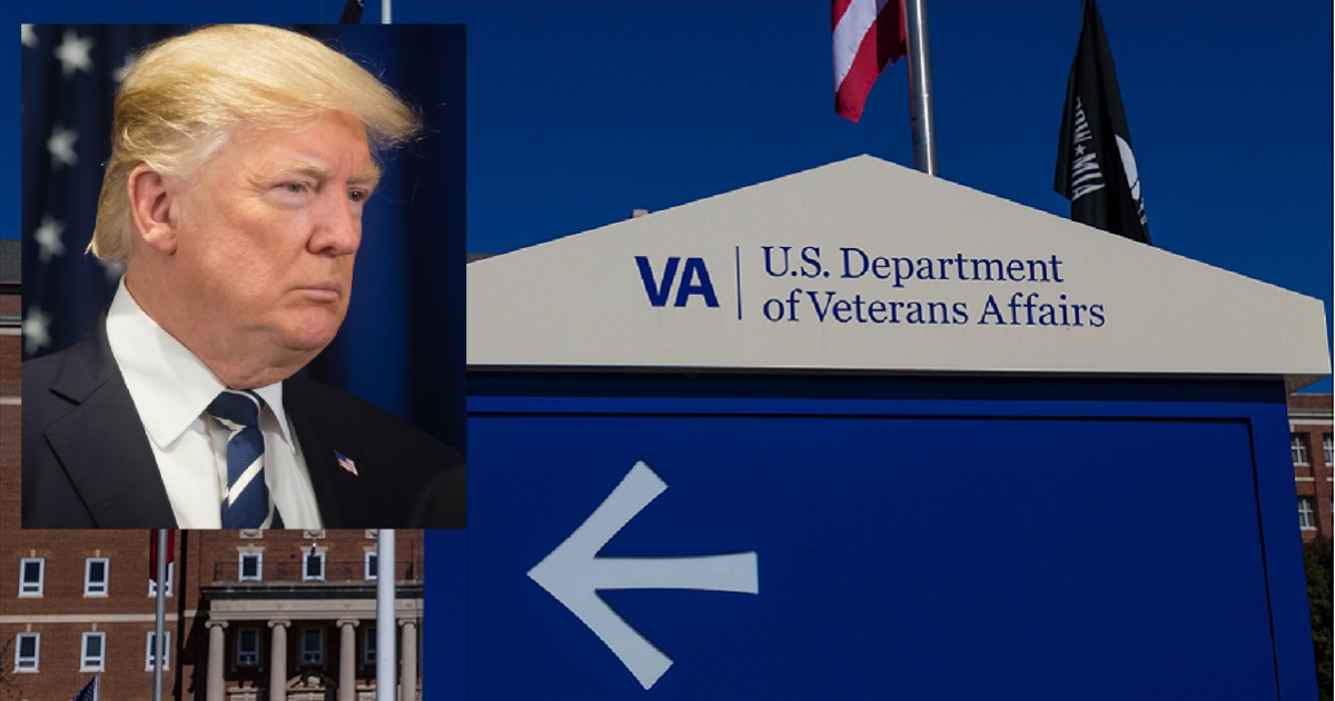 Trump's face imposed on an exterior shot of a VA hospital