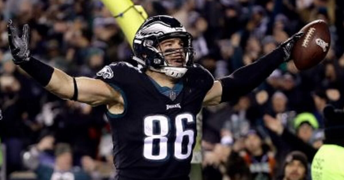 Philadelphia Eagles tight end Zach Ertz celebrates his touchdown catch on a pass from quarterback Carson Wentz during the second half of Sunday night's game against the Dallas Cowboys.