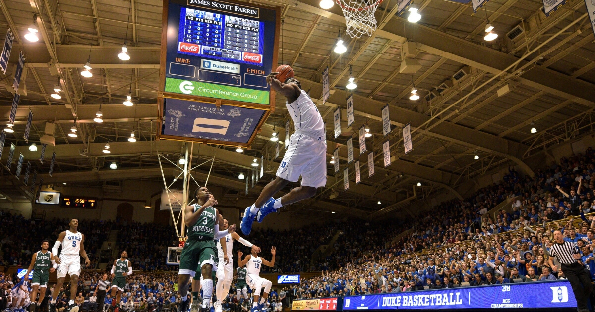 Zion Williamson of the Duke Blue Devils goes up for a dunk against Eastern Michigan at Cameron Indoor Stadium on Wednesday.