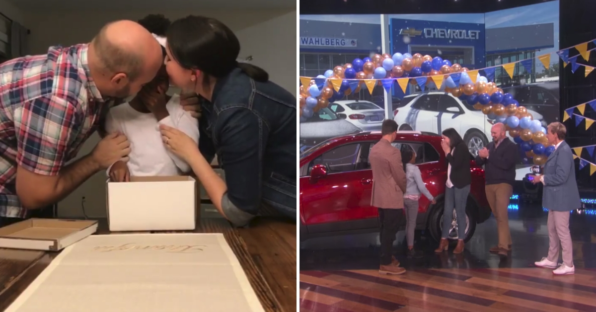 A little girl is told she's going to be adopted, left, family is surprised with a car, right.