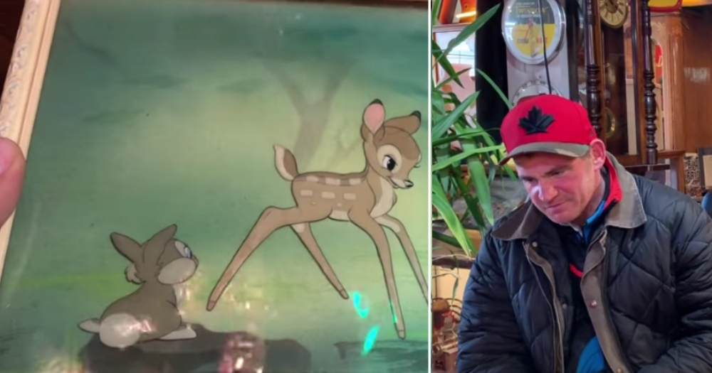 Rare Bambi cel, left, and homeless man who found it, right.