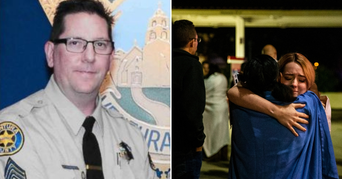 Slain officer, left, and people crying, right.