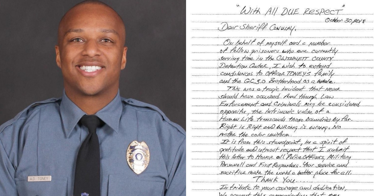 Fallen police officer, left, letter of condolence from inmates, right.