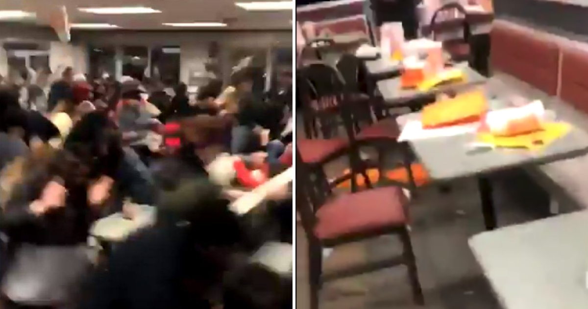 Kids having a food fight, left, and the trashed restaurant, right.