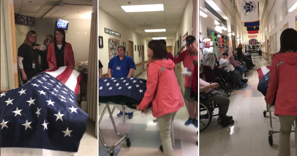 WWI Vet wheeled out of hospital.