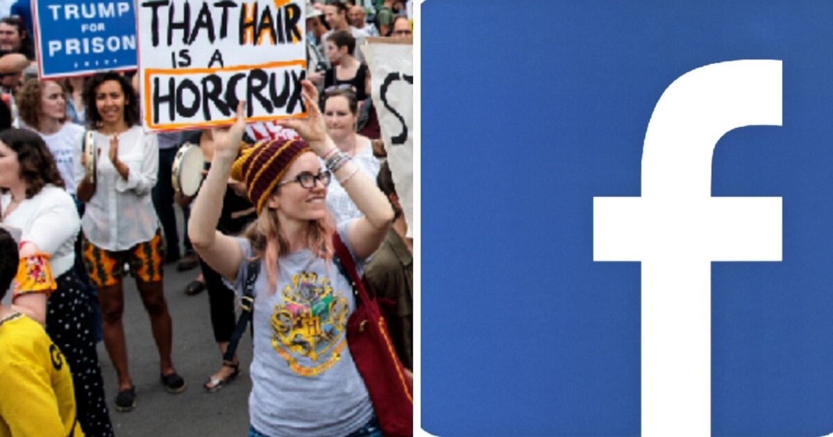 Anti-Trump protesters in England, left; Facebook's logo, right.