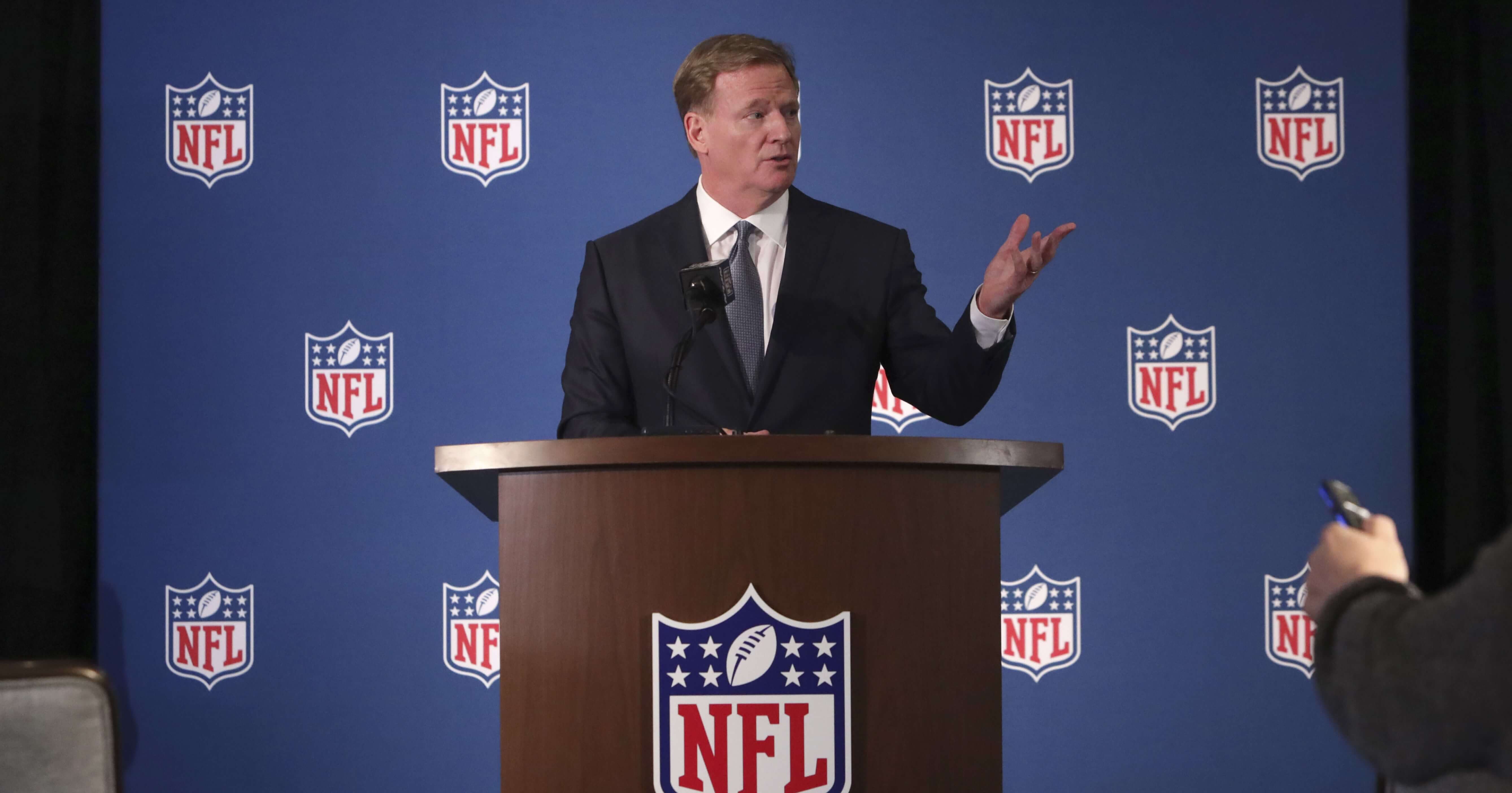 NFL Commissioner Roger Goodell speaks during a news conference after the leagues' meeting in Irving, Texas, on Wednesday