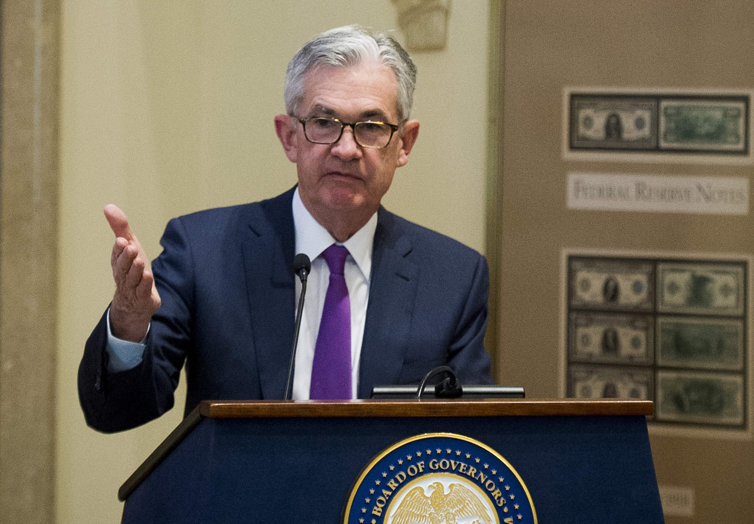Federal Reserve Chairman Jerome Powell addresses the Federal Reserve Board's 15th annual College Fed Challenge Finals in Washington on Nov. 29.