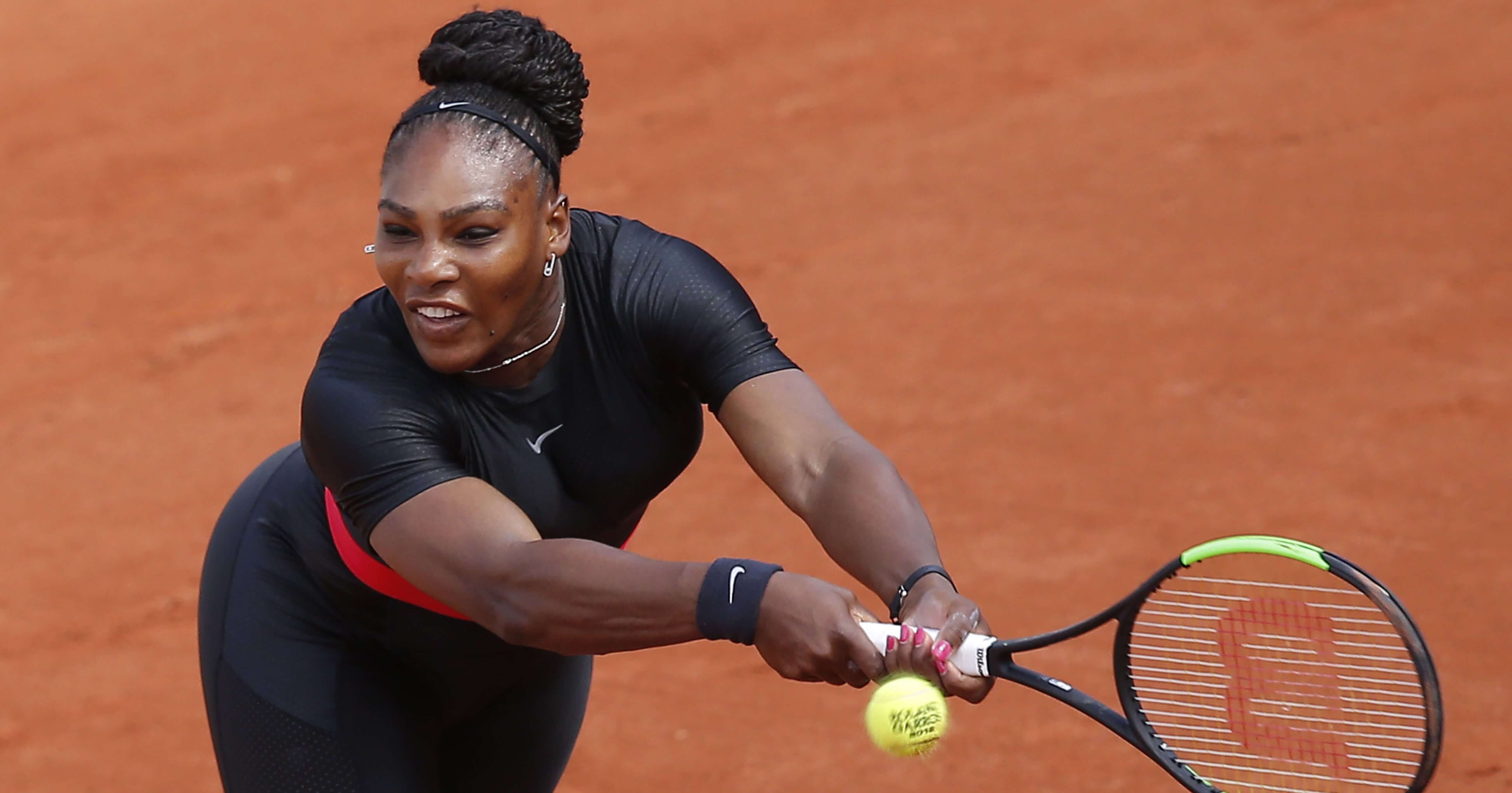 Serena Williams returns a shot against Krystyna Pliskova on May 29 during their first-round match in the French Open.
