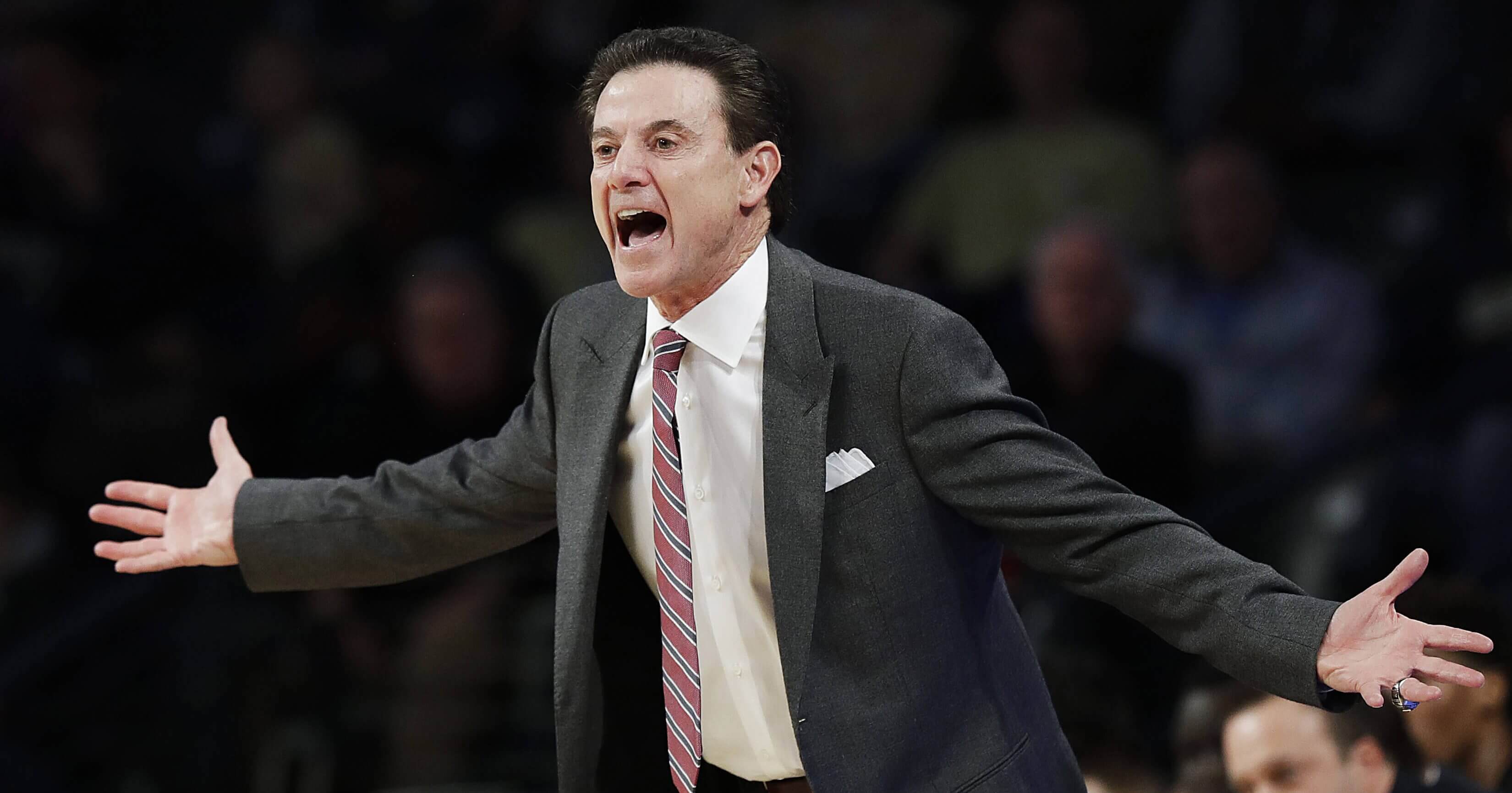 Rick Pitino, then Louisville basketball coach, reacts on the sideline during a 2017 game against Georgia Tech in Atlanta.