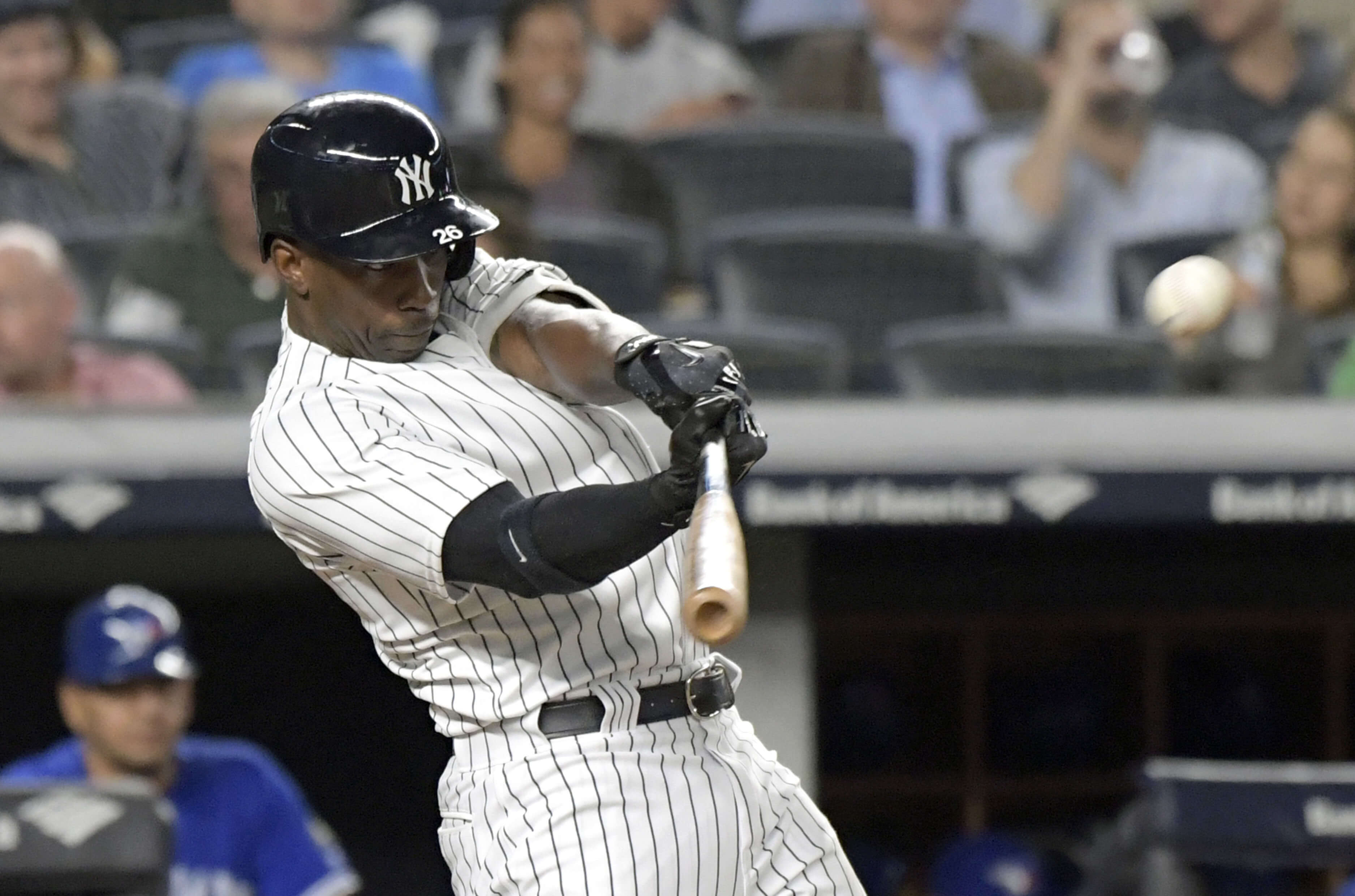 Andrew McCutchen hits a home run for the New York Yankees during a Sept. 14 game against the Toronto Blue Jays at Yankee Stadium.