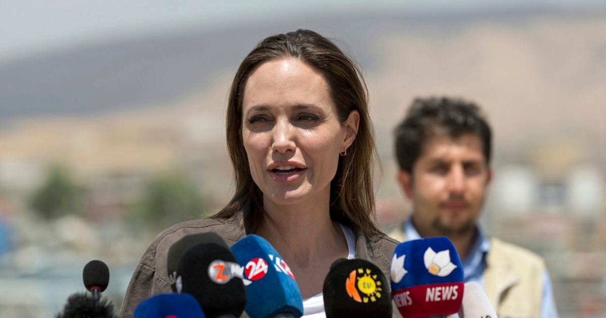 Special Envoy of the United Nations High Commissioner for Refugees Angelina Jolie gives a news conference in the Domiz camp for Syrian refugees, near the town of Dohuk, northern Kurdistan, Iraq on June 17, 2018.