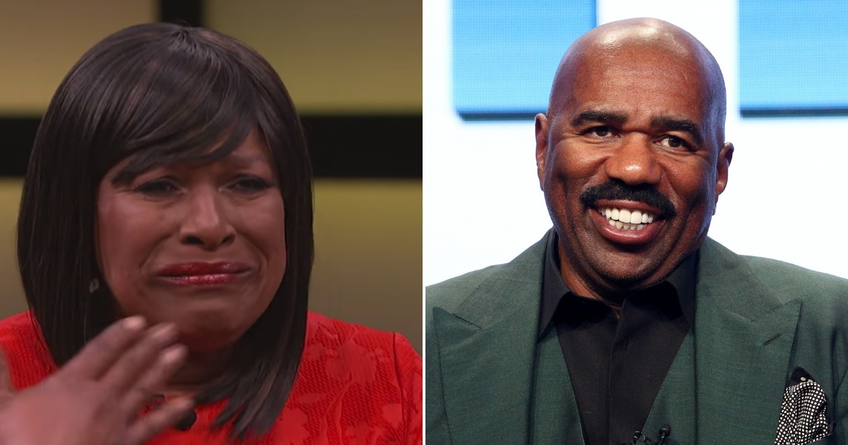 A woman cries while being interviewed by Steve Harvey, left, and Steve Harvey, right.