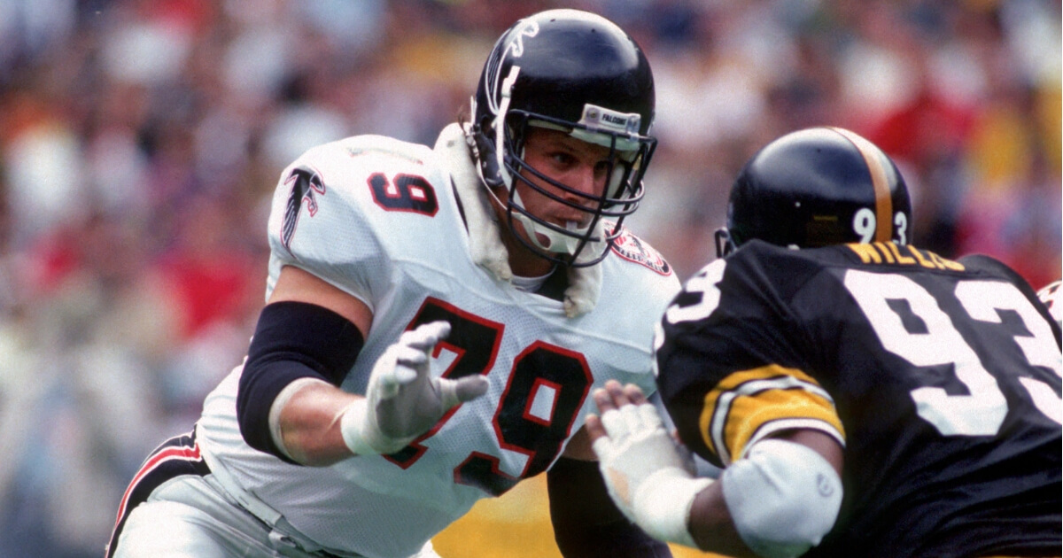 Bill Fralic of the Atlanta Falcons blocks Keith Willis of the Pittsburgh Steelers during a Nov. 4, 1990, game at Three Rivers Stadium.