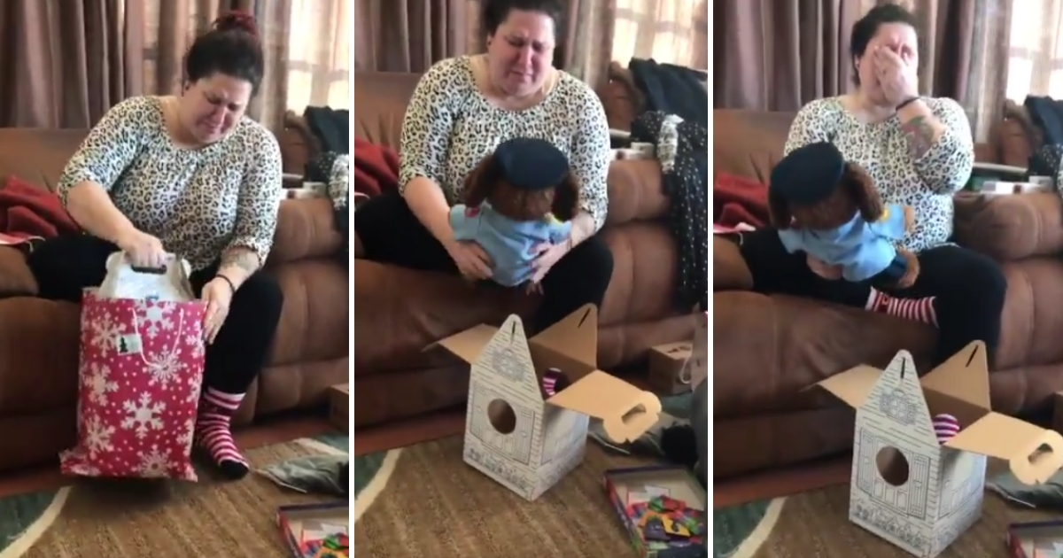 A mother opens a gift with a build-a-bear with her son's voice inside.
