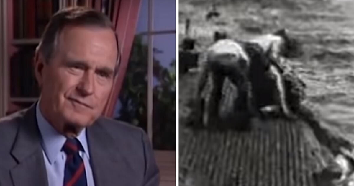 Then-President George H.W. Bush in a 1992 interview, left; right, an image of Bush's rescue at sea in 1944.
