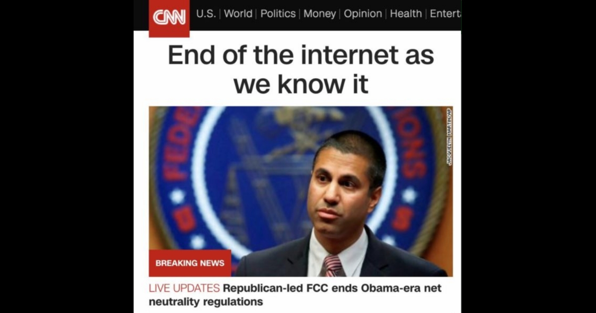 CNN headline announcing the end of the internet as we know it.
