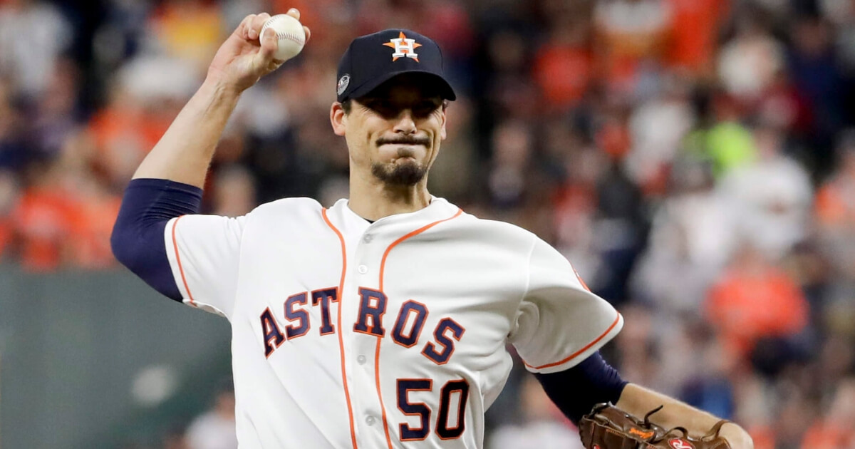 Charlie Morton pitches for the Houston Astros on Oct. 17 against the Boston Red Sox in Game 4 of a baseball ALCS in Houston.