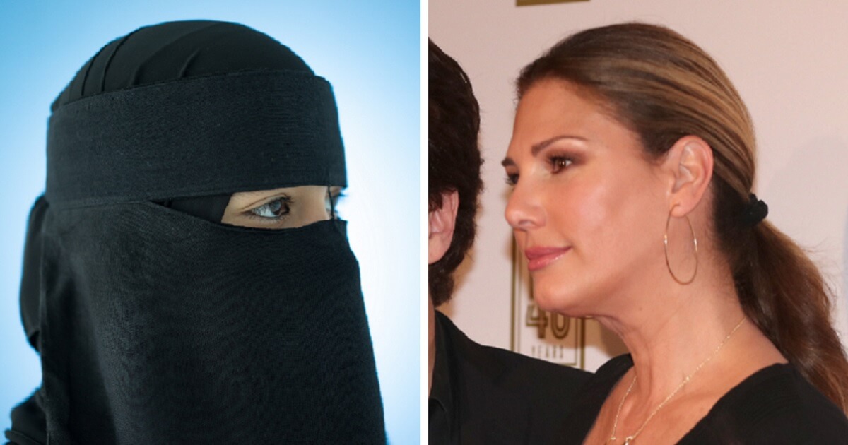 Woman in burqa, left; and Daisy Fuentes Marx, right.