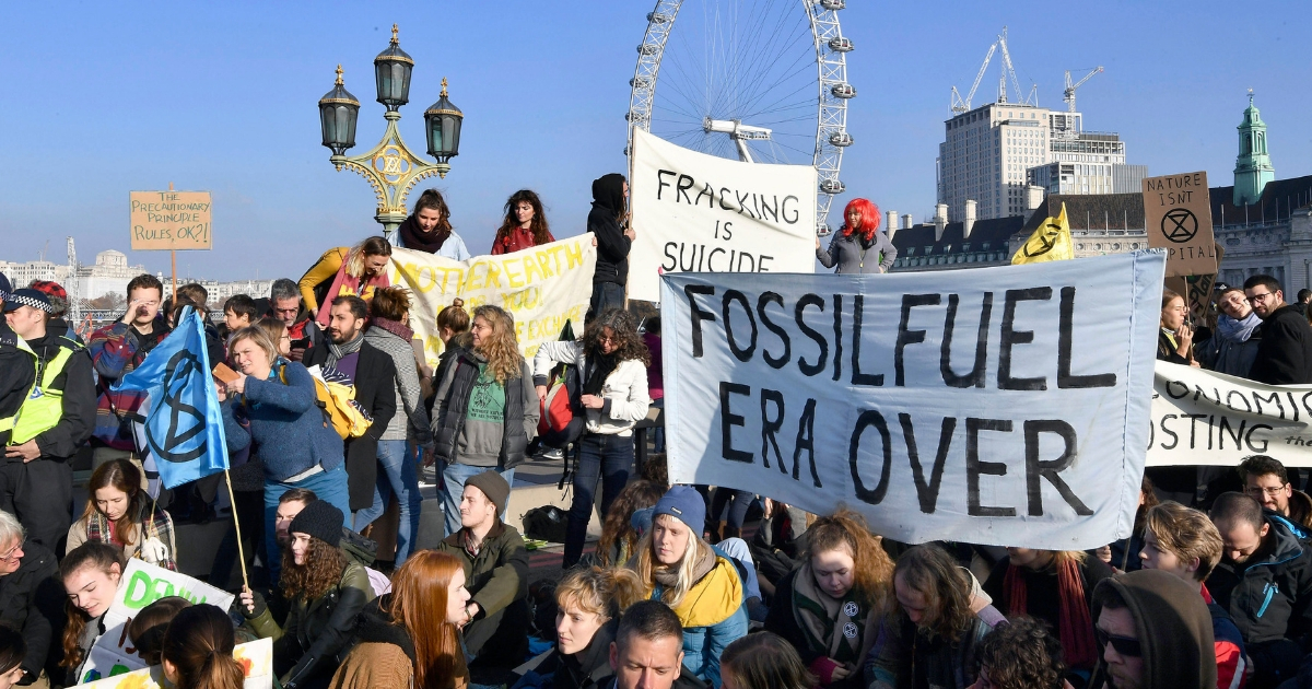 Demonstrators on Westminster Bridge in London on Nov. 17, 2018, for a protest group called 'Extinction Rebellion' to raise awareness of the dangers posed by climate change.