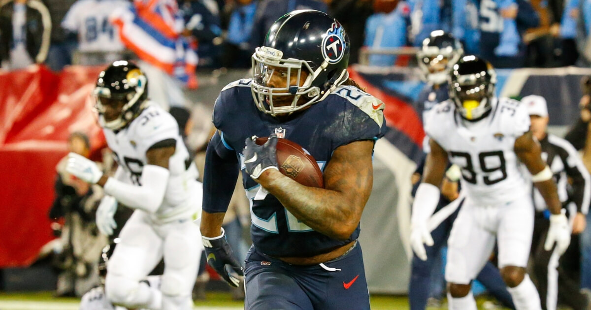 Derrick Henry of the Tennessee Titans takes off on a 99-yard touchdown run against the Jacksonville Jaguars at Nissan Stadium on Thursday night.
