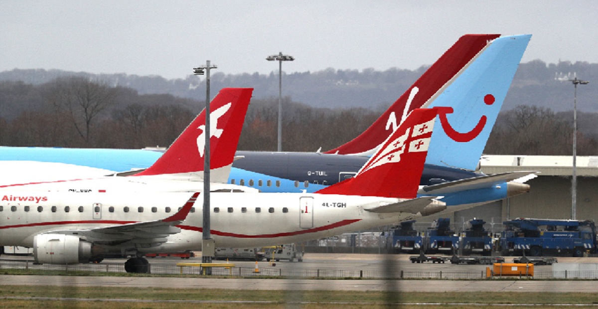 Planes are parked Thursday at England's Gatwick Airport, about 30 miles south of London.