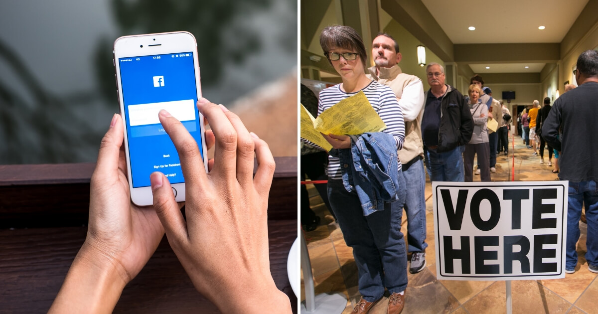 Facebook on a phone, left, and a line of voters, right.