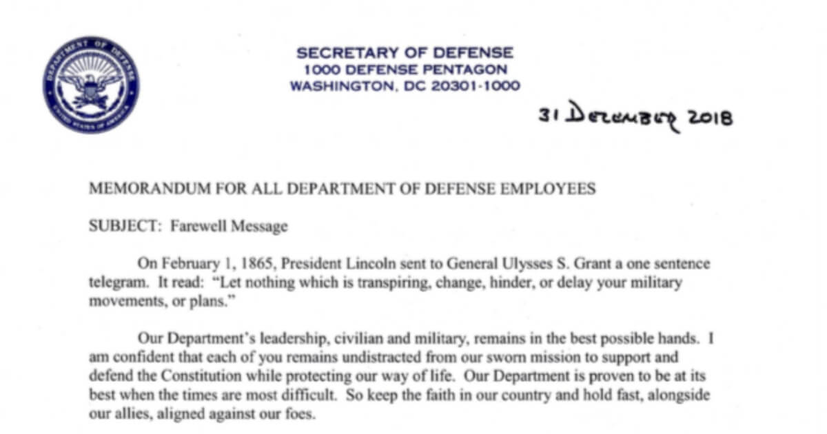 Gen. James Mattis' farewell memo