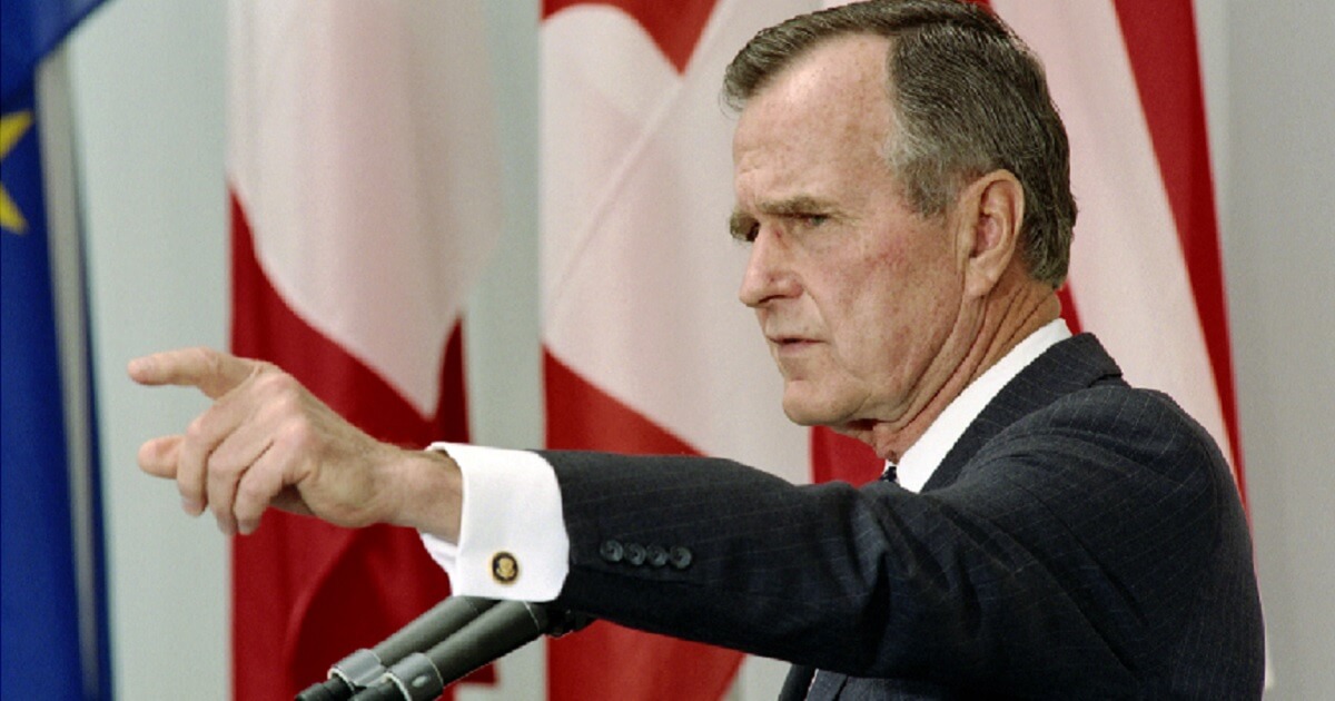 Then-President George H.W. Bush fields questions at a news conference in Munich in 1992.