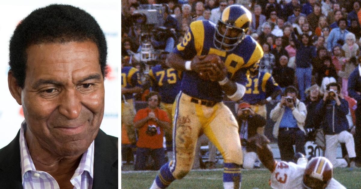 Left: Former Los Angeles Rams linebacker Isiah Robertson in 2014. Right: Robertson intercepts a pass that he'd return 59 yards for a touchdown in the 1974 NFC divisional playoff game against the Washington Redskins at the Los Angeles Memorial Coliseum.