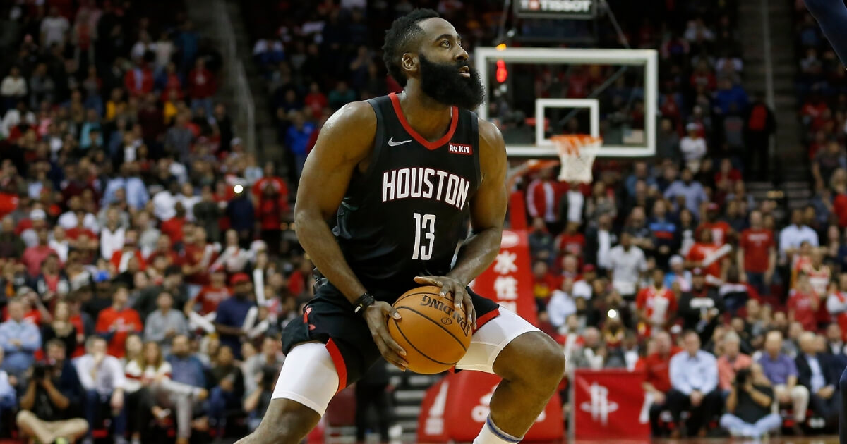 James Harden of the Houston Rockets pulls up to take a 3-point shot against the Utah Jazz on Monday at Toyota Center.