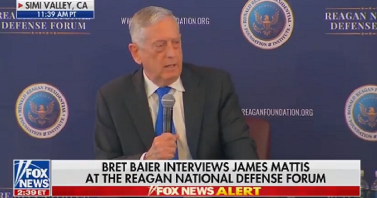 Defense Secretary James Mattis being interviewed Saturday.