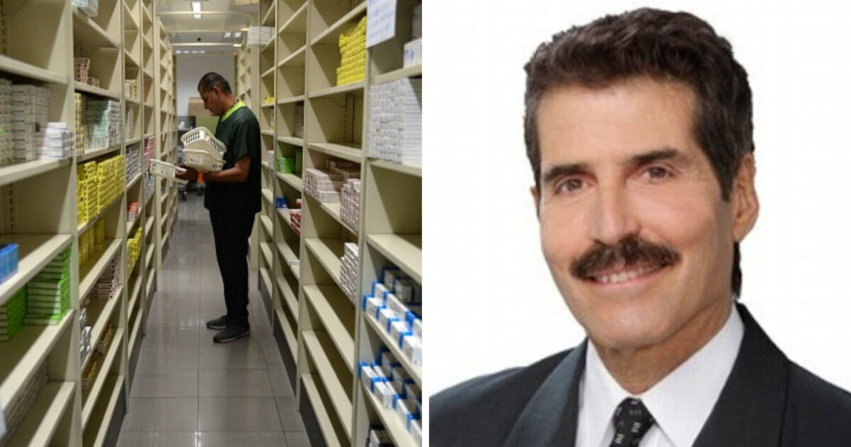 Empty shelves in stores and pharmacies alongside an image of John Stossel .