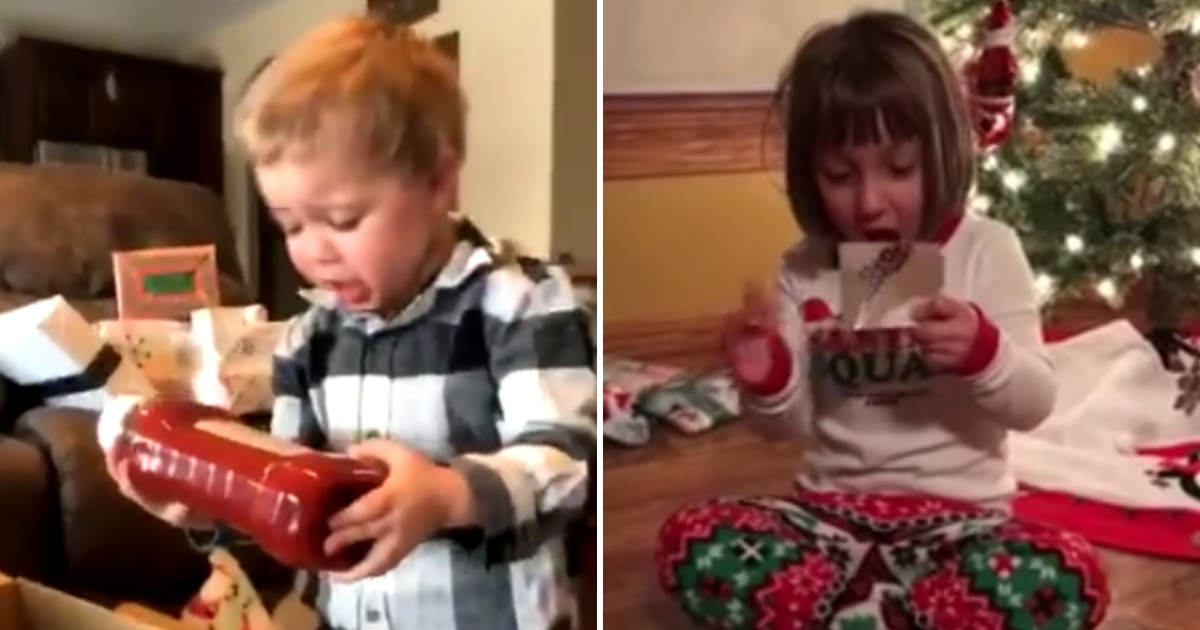 A little boy gets ketchup, left, and a little girl gets a gift card, right.