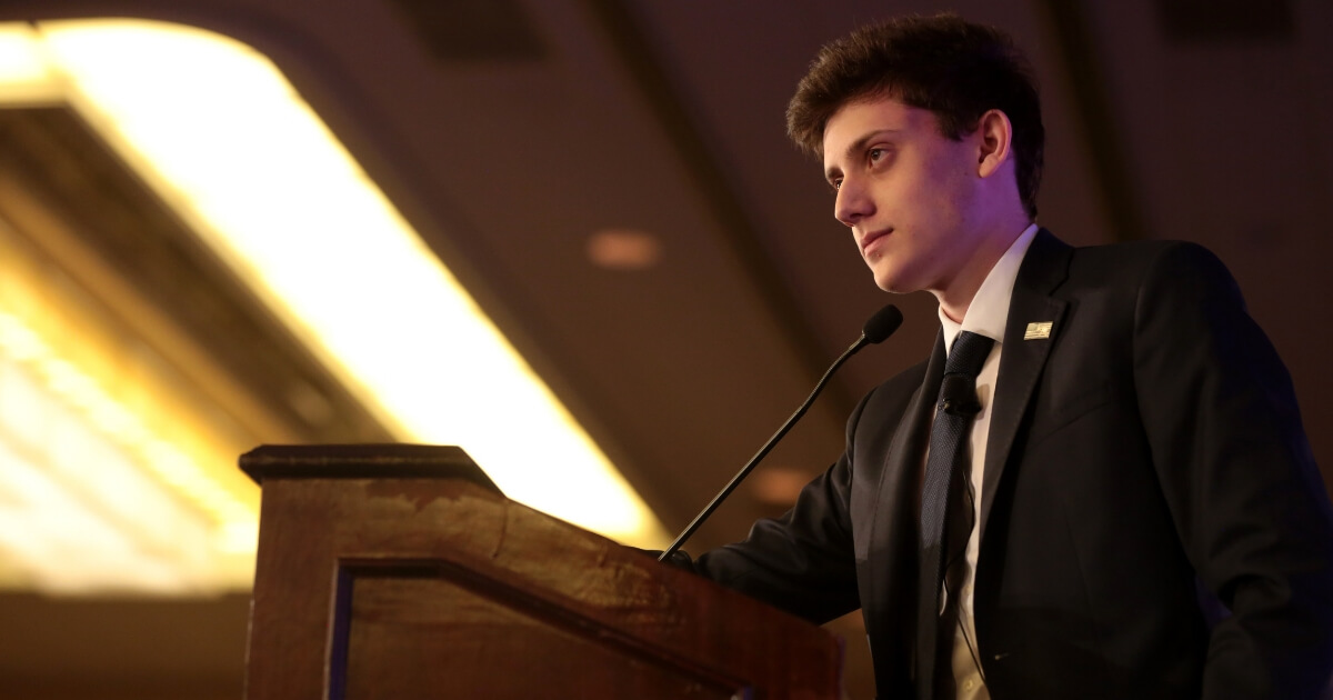 Kyle Kashuv speaking with attendees at the 2018 Young Women's Leadership Summit hosted by Turning Point USA at the Hyatt Regency DFW Hotel in Dallas, Texas, on June 16, 2018.