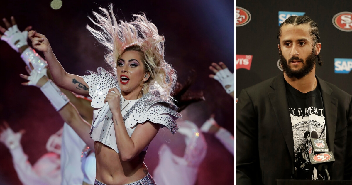 Lady Gaga performs during halftime of the NFL Super Bowl 51 and Colin Kaepernick