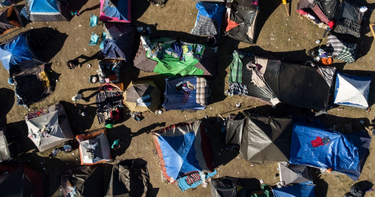 Aerial view of a temporary shelter where Central American migrants have been staying in Tijuana, Mexico.