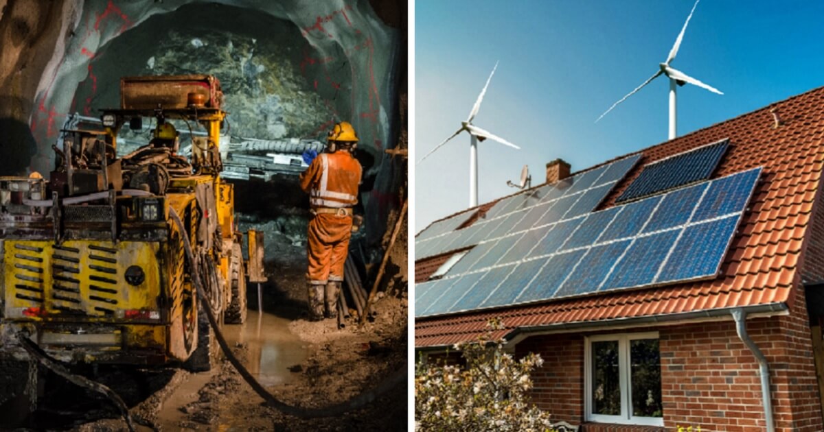 Left, underground mining scene; right, a rooftop with solar panels and turbines.