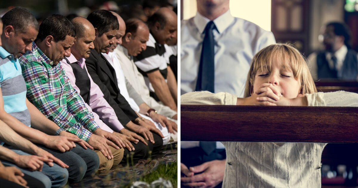 Left: Muslims in New York participate in a group prayer service during Eid al-Fitr. Right: A Christian girl prays in church.