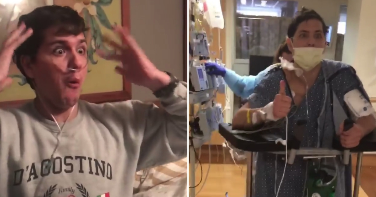 A man is told he's getting new lungs, left, and he gives a thumbs up after surgery, right.