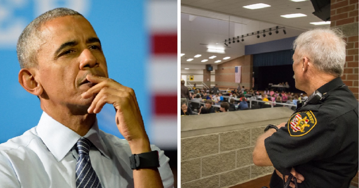 Former President Barack Obama, left; a school security guard watching students, right.