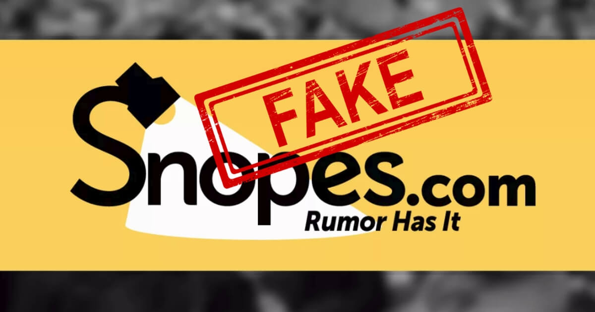 Fact-checker Snopes' logo stamped "FAKE."