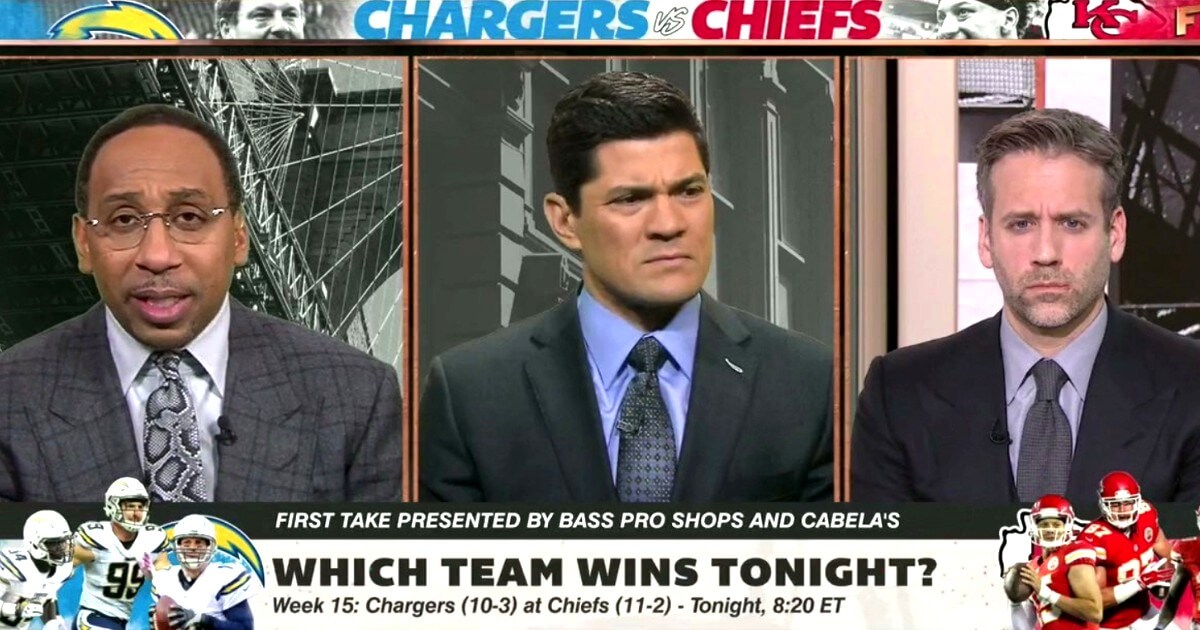 Stephen A. Smith, left, host of ESPN's "First Take," had some interesting thoughts Thursday that drew a reaction from co-host Max Kellerman, right, and guest analyst Tedy Bruschi.