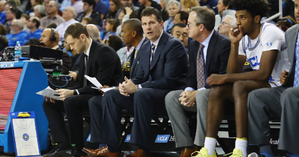 Head coach Steve Alford of the UCLA Bruins reacts during the second half against the Liberty Flames at Pauley Pavilion on Saturday in Los Angeles, California.