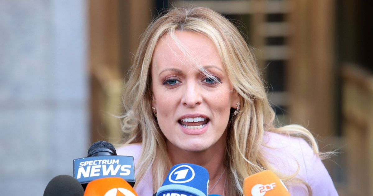 Adult-film star Stormy Daniels at a press conference outside a New York courthouse