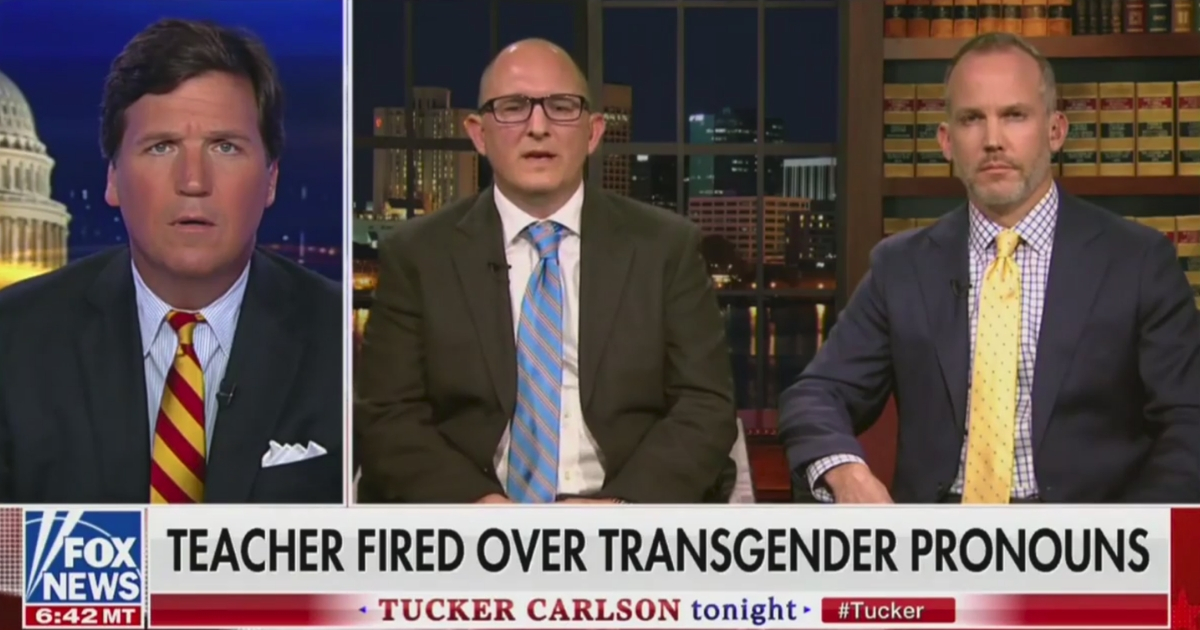 Teacher Peter Vlaming, center, who was fired for refusing to use a transgender student's chosen pronouns, speaks on Fox News' "Tucker Carlson Tonight."