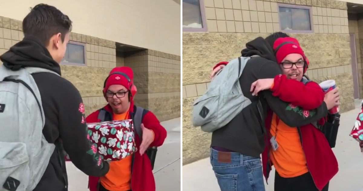 A teen gives his friend a gift for Christmas.