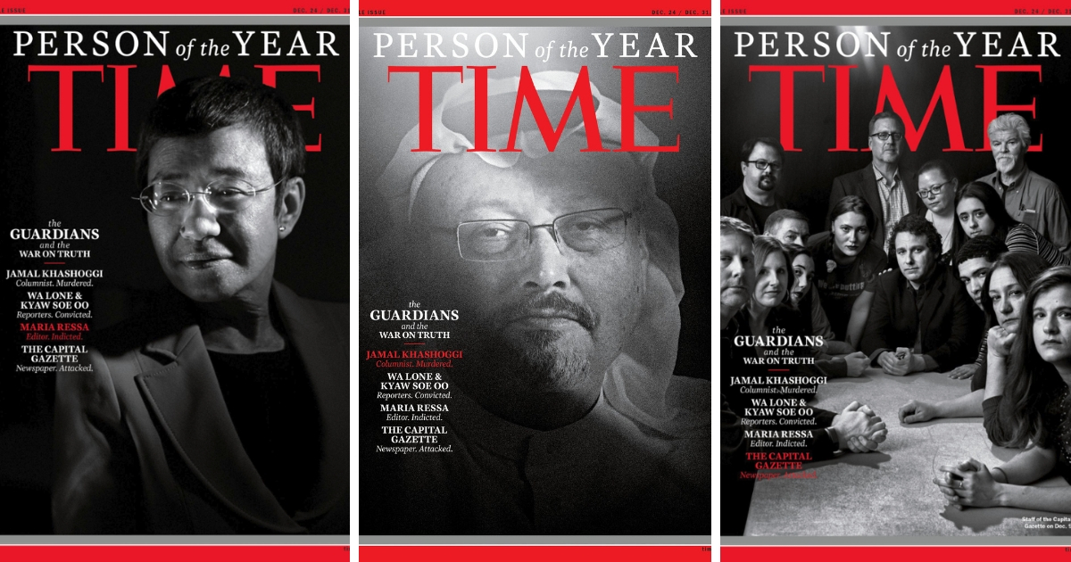 Time magazine honored journalists, whom it called "The Guardians," as the 2018 "Person of the Year."