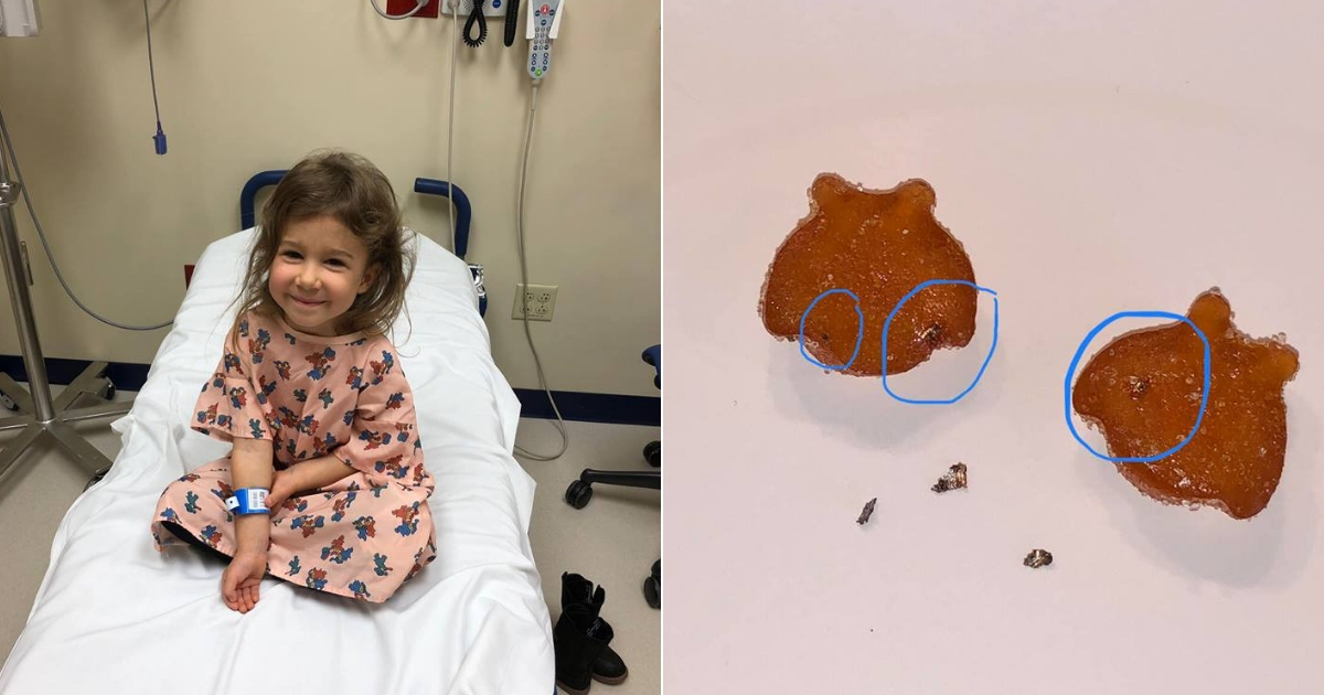 Toddler in a hospital, left, and gummy vitamins with metal in them, right.