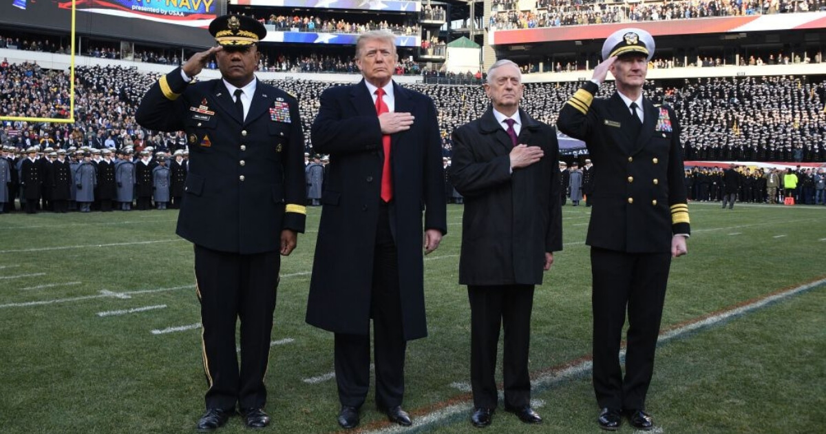 President Donald Trump was on the field for the playing of the national anthem at Saturday's Army-Navy game in Philadelphia.